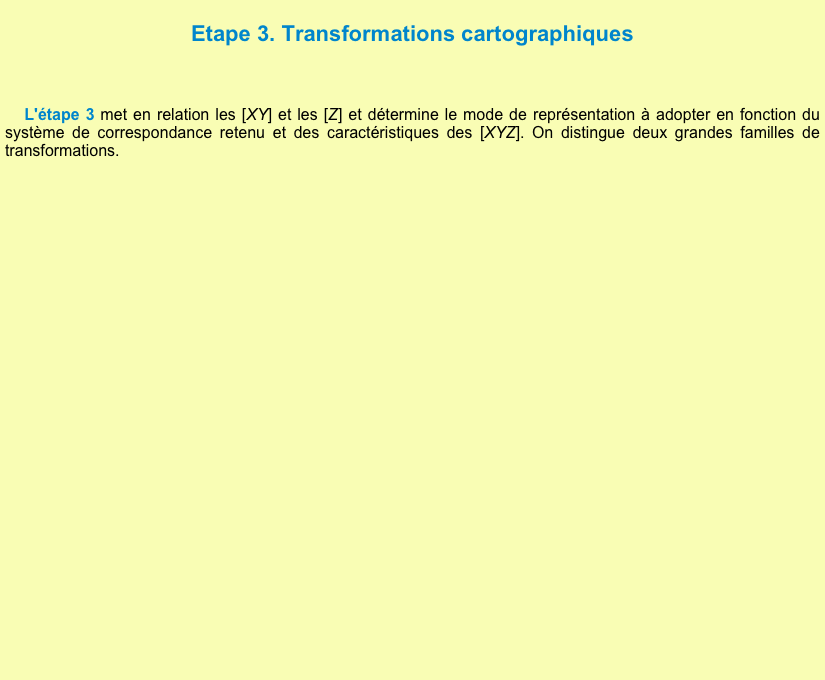 
Etape 3. Transformations cartographiques

 L'étape 3 met en relation les [XY] et les [Z] et détermine le mode de représentation à adopter en fonction du système de correspondance retenu et des caractéristiques des [XYZ]. On distingue deux grandes familles de transformations. 


      

















     
  











