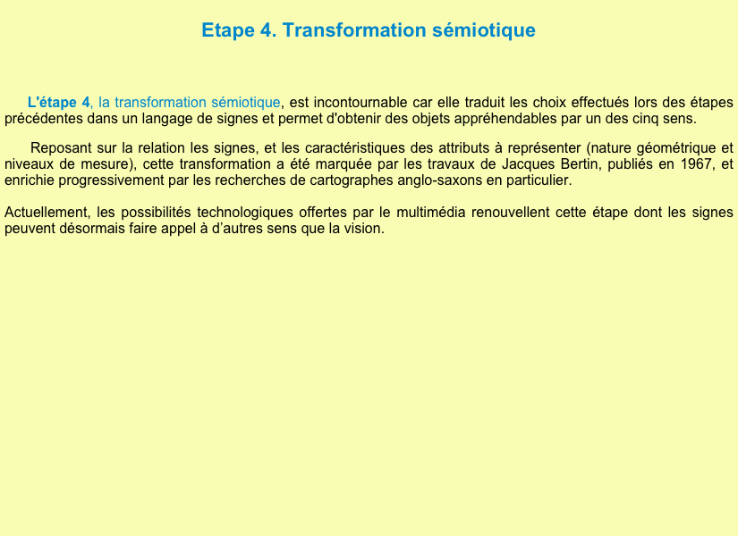 
Etape 4. Transformation sémiotique 

    L'étape 4, la transformation sémiotique, est incontournable car elle traduit les choix effectués lors des étapes précédentes dans un langage de signes et permet d'obtenir des objets appréhendables par un des cinq sens.

      Reposant sur la relation les signes, et les caractéristiques des attributs à représenter (nature géométrique et niveaux de mesure), cette transformation a été marquée par les travaux de Jacques Bertin, publiés en 1967, et enrichie progressivement par les recherches de cartographes anglo-saxons en particulier. 

Actuellement, les possibilités technologiques offertes par le multimédia renouvellent cette étape dont les signes peuvent désormais faire appel à d’autres sens que la vision.































    



      



















     
     

